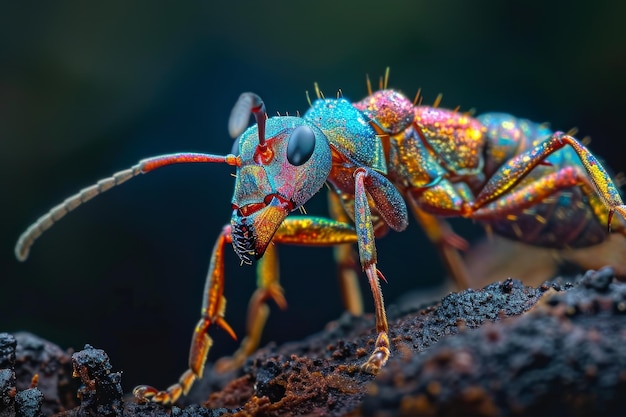 Mystic portrait of Iridescent Ant on root in studio