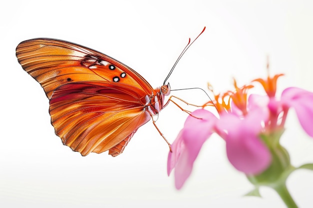 Photo mystic portrait of julia butterfly on flower in studio isolated on white background