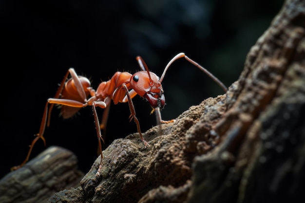 Mystic portrait of Maroon Red Ant on root in studio