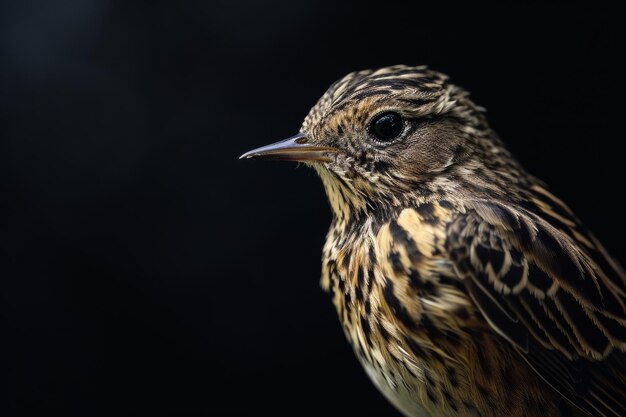 Mystic portrait of Meadow Pipit standing in studio Isolated on black background