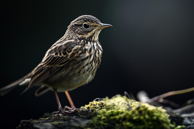 Mystic portrait of Meadow Pipit standing in studio Isolated on black background