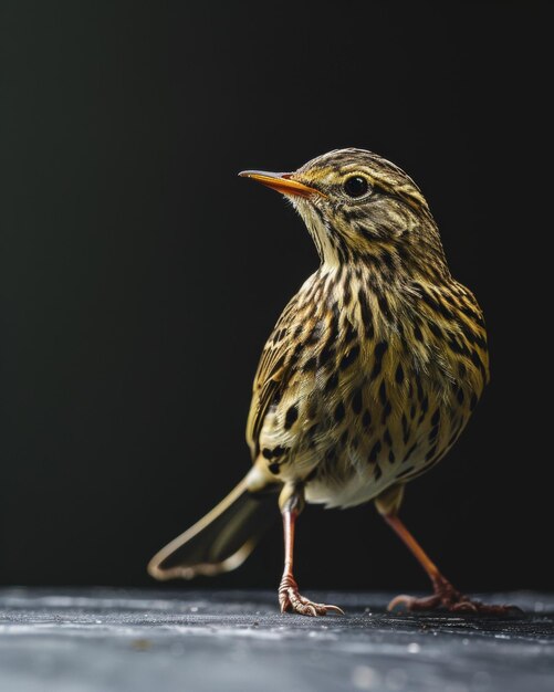 Mystic portrait of Meadow Pipit standing in studio Isolated on black background