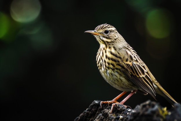 Mystic portrait of Olivebacked Pipit standing in studio Isolated on black background