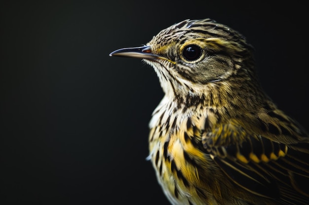 Mystic portrait of Olivebacked Pipit standing in studio Isolated on black background