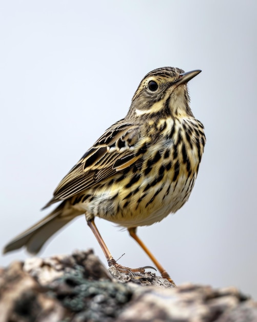 Mystic portrait of Olivebacked Pipit standing in studio Isolated on white background