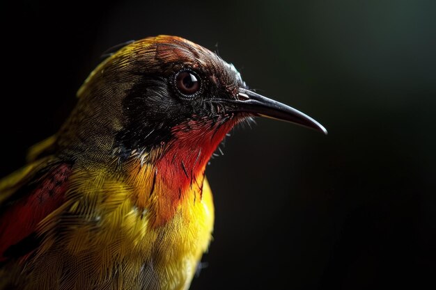 Mystic portrait of Olivebacked Sunbird standing in studio close up view isolated on dark background