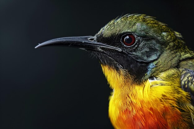 Mystic portrait of Olivebacked Sunbird standing in studio close up view isolated on dark background