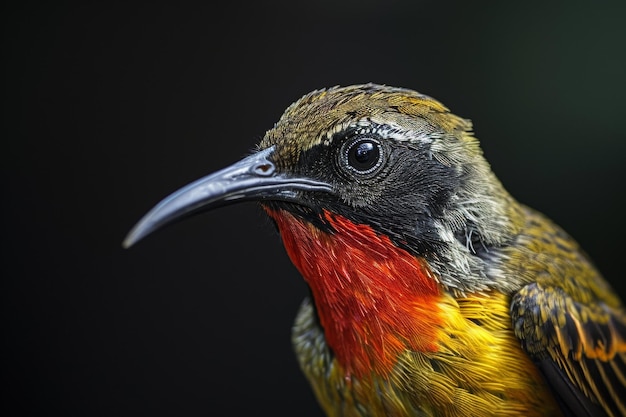 Mystic portrait of Olivebacked Sunbird standing in studio close up view isolated on dark background