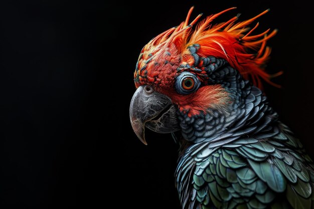 Photo mystic portrait of palm cockatoo standing in studio copy space on black background