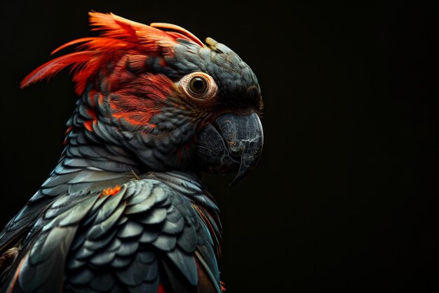 Photo mystic portrait of palm cockatoo standing in studio isolated on black background