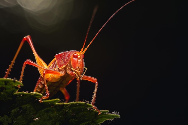 Mystic portrait of Red Katydid beside view