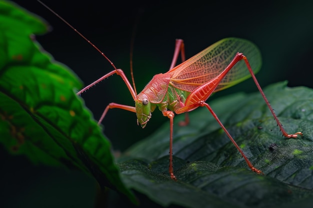 Mystic portrait of Red Katydid on leaves