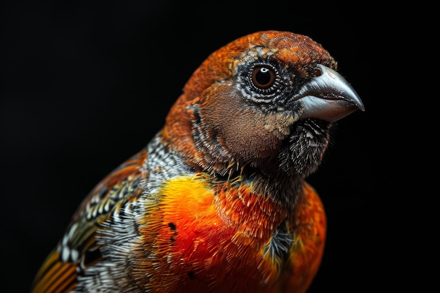 Mystic portrait of Scalybreasted Munia standing in studio isolated on black background