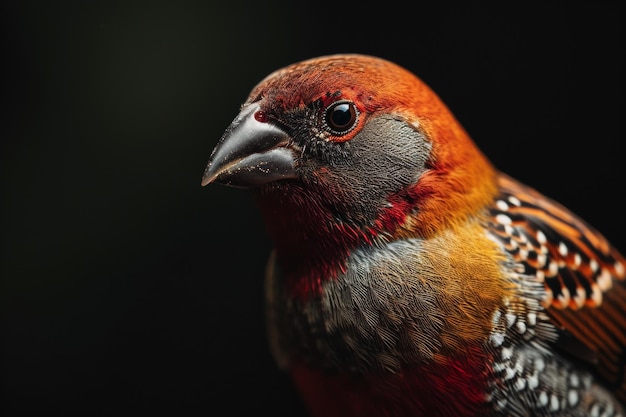 Mystic portrait of Scalybreasted Munia standing in studio isolated on black background