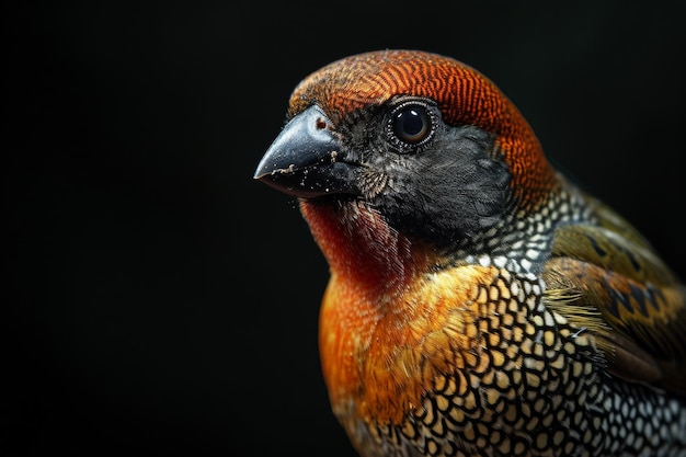 Mystic portrait of Scalybreasted Munia standing in studio isolated on black background