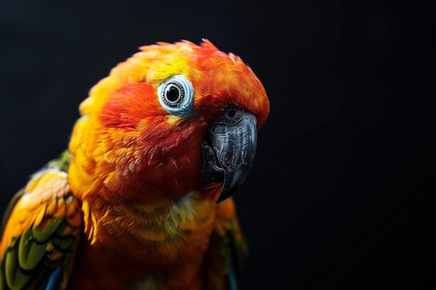 Mystic portrait of Sun Conure standing in studio Isolated in dark background