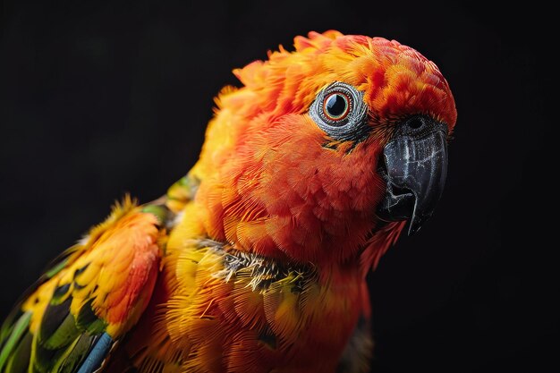 Mystic portrait of Sun Conure standing in studio Isolated in dark background