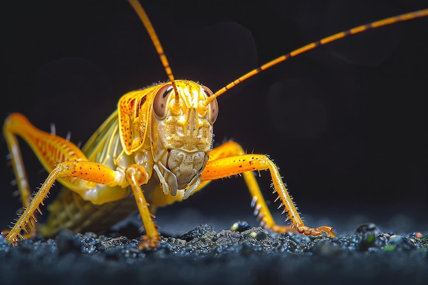 Mystic portrait of Yellow Cricket beside view full body shot Closeup View