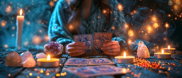 Mystic scene with tarot cards crystals and candlelight