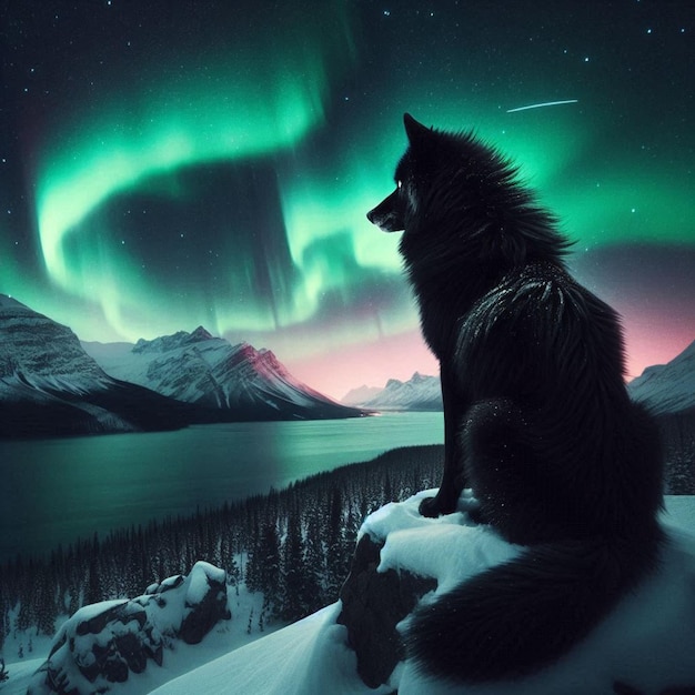 Mystic Sentinel Black Wolf Under the Northern Lights