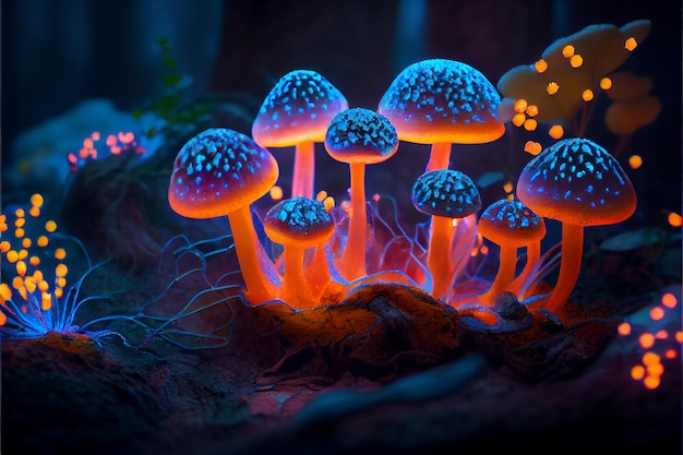 Mystic spotted fluorescent mushrooms growing Generative AI