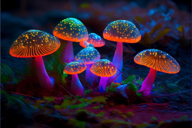 Mystic spotted fluorescent mushrooms growing Generative AI