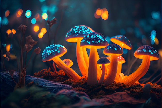 Mystic spotted fluorescent mushrooms growing Generative AI