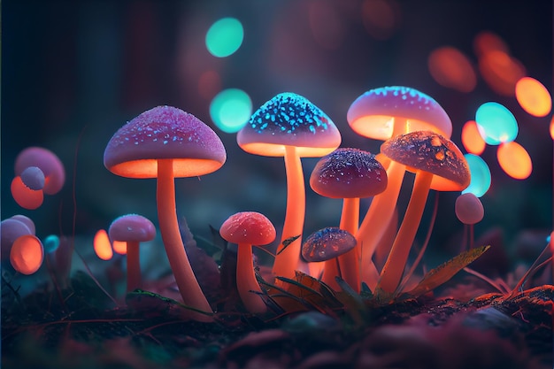 Mystic spotted fluorescent mushrooms growing Generative AI