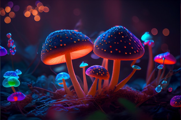 Mystic spotted fluorescent mushrooms growing Generative AI