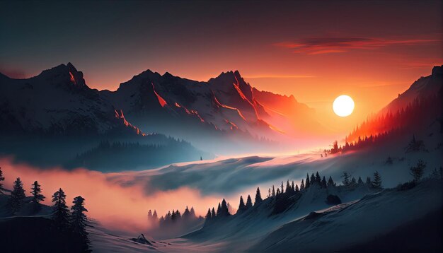 Mystic sunrise with rolling fog in the mountains with Generative AI Technology