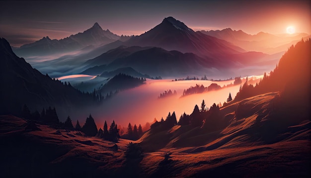 Mystic sunrise with rolling fog in the mountains with Generative AI Technology