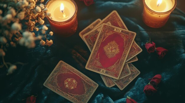 Photo mystic tarot reading cards spread on velvet in candlelight