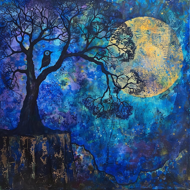 Mystic tree and full moon Original oil painting on canvas