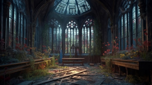 A mystical abandoned room of a Gothic building with stained glass windows Generative AI