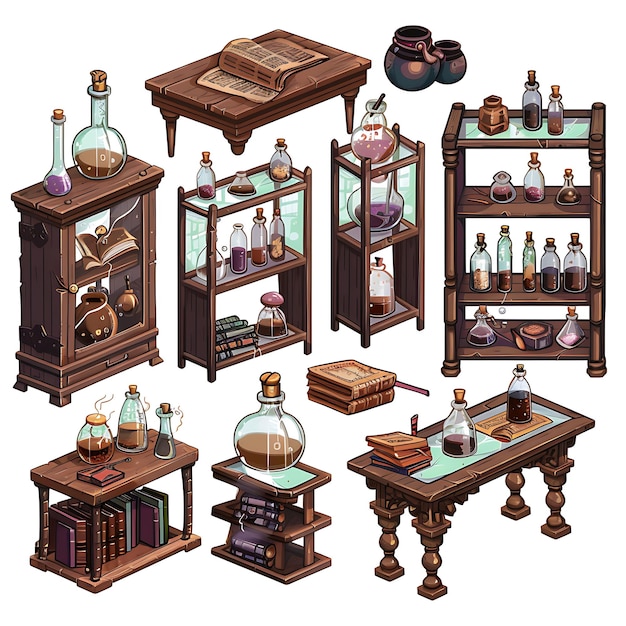 Mystical Alchemist Laboratory Furniture Set Featuring Dark W Illustration Furniture Game Assets