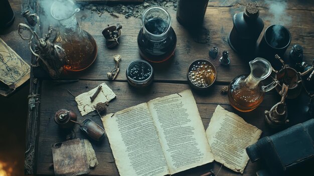 Photo mystical alchemy a flat lay of potions scrolls and ingredients