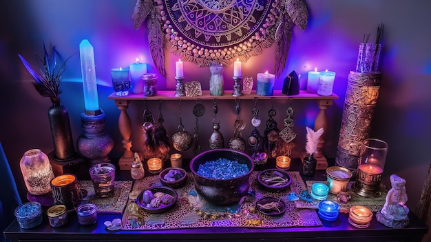 Photo mystical altar adorned with crystals feathers and a cauldron representing the tools and symbols of a modernday witchs craft