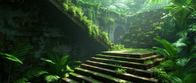 Photo mystical ancient temple lost in jungle wilderness detailed 3d render with intricate carvings and hidden treasures