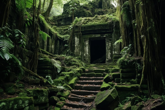 Photo mystical ancient temple overgrown with moss in a dense forest