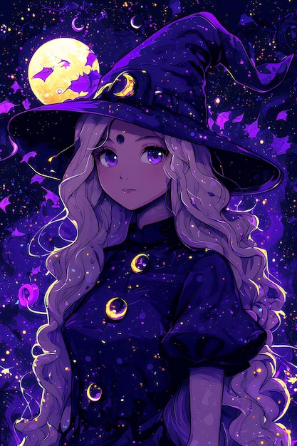 Mystical Anime Witch with Crescent Moon and Stars