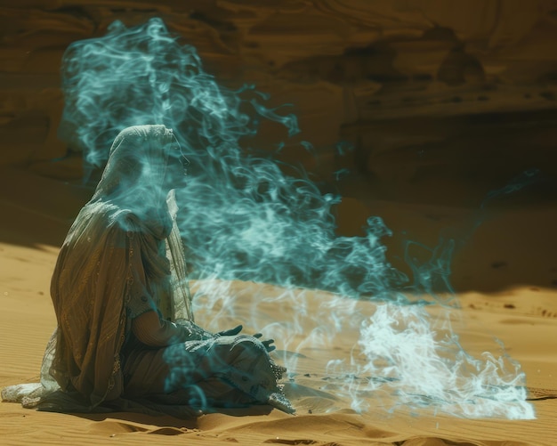 Photo mystical arabian genie grants wishes in the desert a powerful and enchanting image of a genie