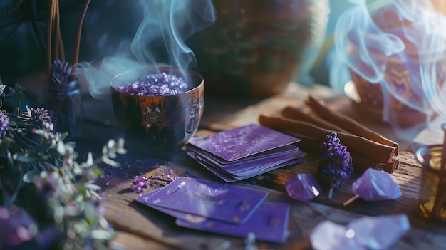 Mystical arrangement of tarot cards crystals incense and lavender creating a serene and enchanting atmosphere