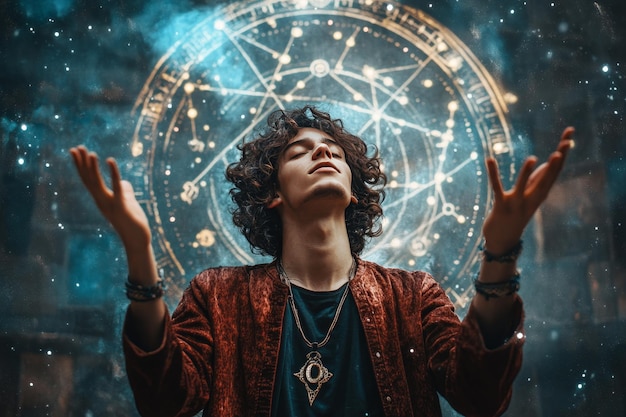 Photo mystical astrologer surrounded by zodiac symbols offering horoscope predictions for all signs