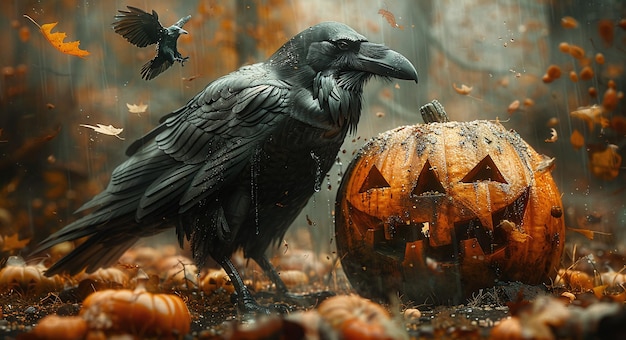 Mystical autumn scene with a raven perched beside a carved pumpkin among fallen leaves