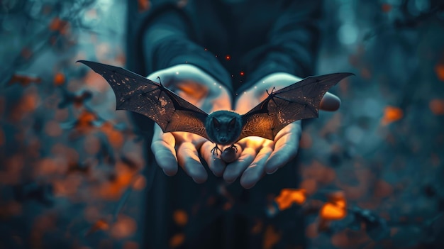 Mystical Bat in Hands Fantasy Wildlife Photography for Halloween and Nature Lovers