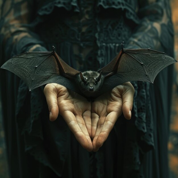 Photo mystical bat in hands gothic theme with symbolism and dark aesthetic