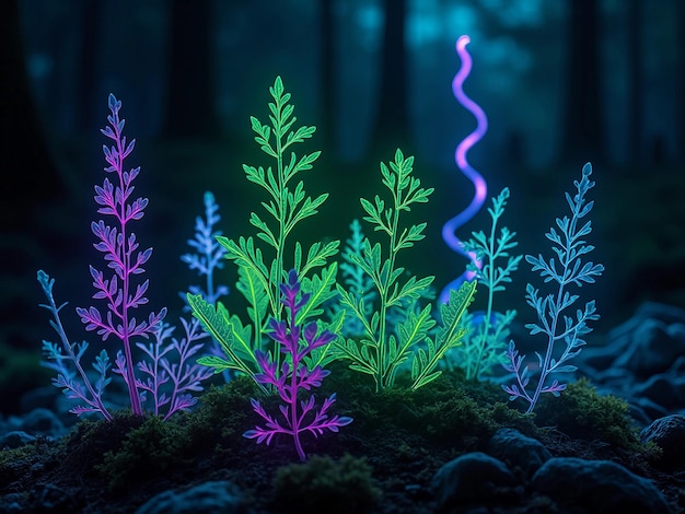 Photo mystical bioluminescence flora deep within the shadows