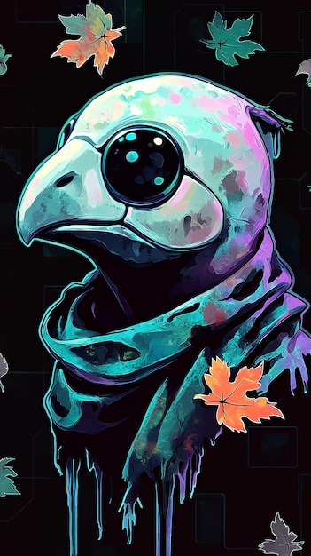 Mystical Bird with Scarf and Autumn Leaves