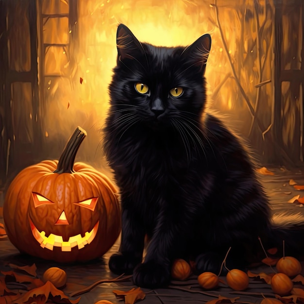 mystical Black cat sits next to an orange jackolantern pumpkin on a dark background Halloween