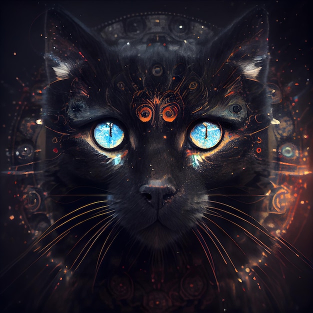 Mystical black cat with blue eyes and ornamental ornaments on black background